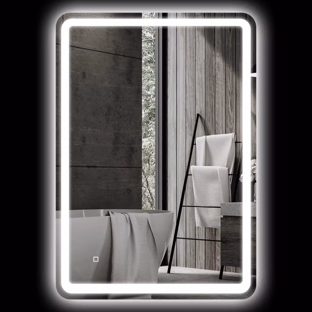 Specchio da bagno moderno Design In con luce LED, interruttore touch e funzione antiappannamento, colore argento, L: 70 cm, H: 100 cm – 2