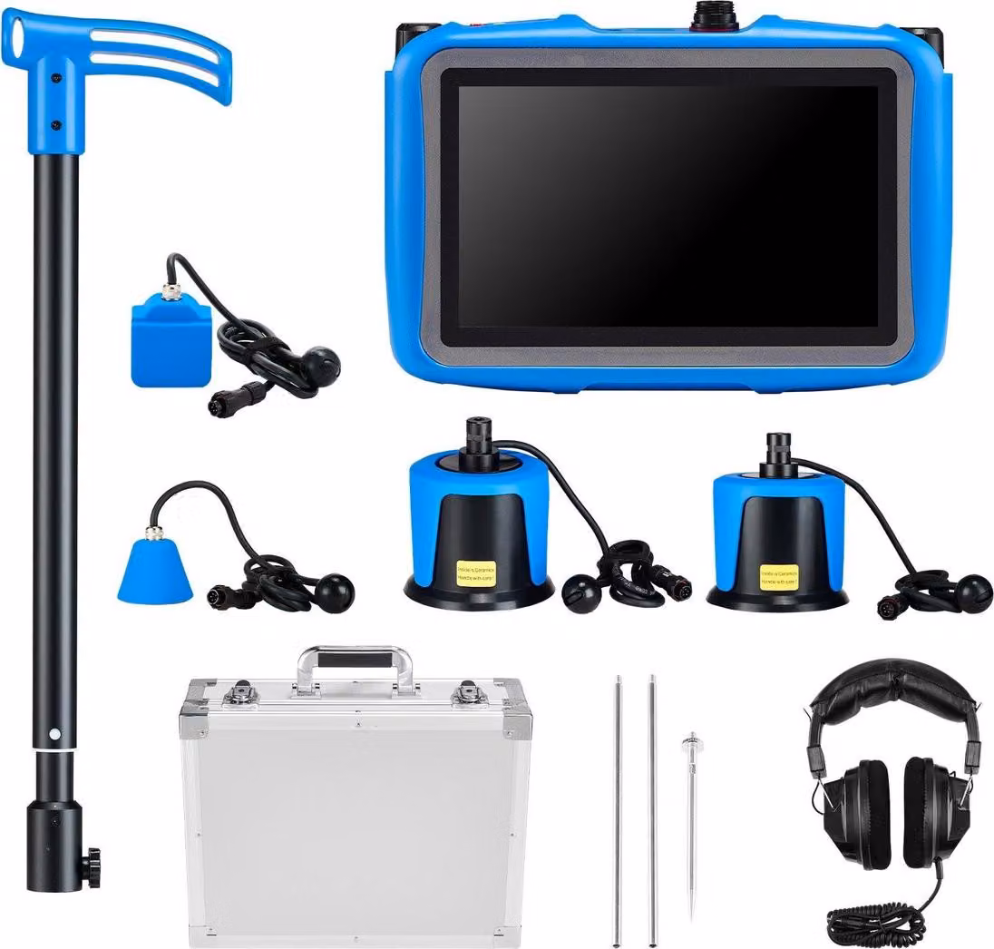 Rilevatore di perdite d'acqua nelle tubature con 4 sensori, 1Hz-10000Hz, touchscreen LCD Localizzatore di perdite nelle tubature sotterranee con 3 aste di ascolto, cuffie, scheda da 8 GB e custodia per interni ed esterni