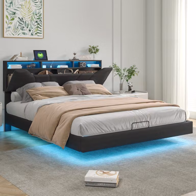 Letto imbottito Fortuna Lai 140x200cm con USB, letto a molle idrauliche con contenitore, letto giovanile matrimoniale con LED e rete a doghe, letto contenitore con testata contenitore e LED, PU, nero