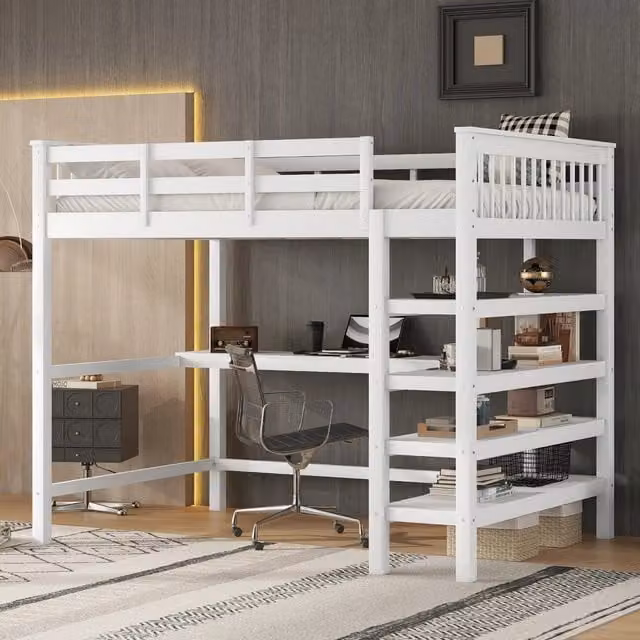 Letto a soppalco 140 x 200 cm per bambini con ripiani e scrivania sotto il letto, senza materasso - Bianco