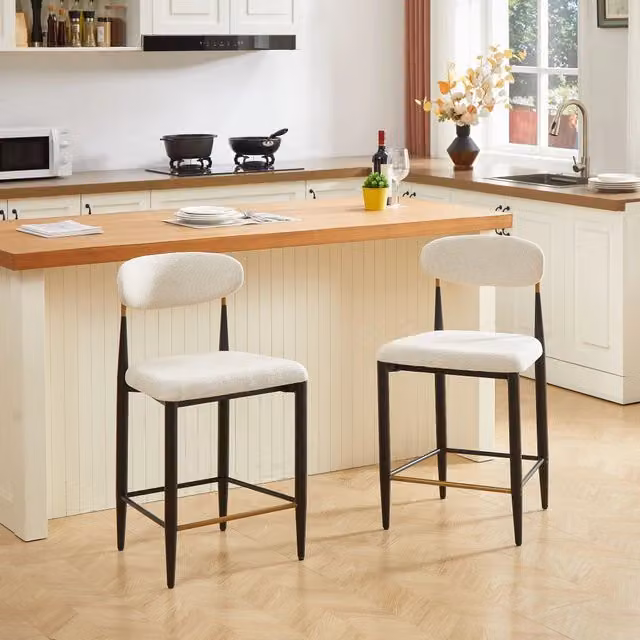 Sgabelli da bar set da 2 con schienale curvo ergonomico poggiapiedi e piedini regolabili da cucina in tessuto beige
