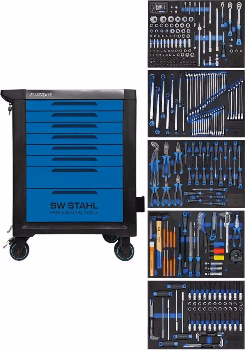 SW-Stahl Z3110 Carrello da officina professionale TT801 blu I 8 cassetti I 5 cassetti pieni I 341 pezzi I Carrello da officina attrezzato con utensili I Twin-Lock I Kit carrello da officina I completamente attrezzato