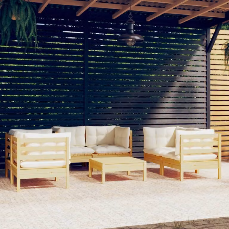 The Living Store Set da salotto da giardino 7 pezzi con cuscini crema in legno di pino massiccio