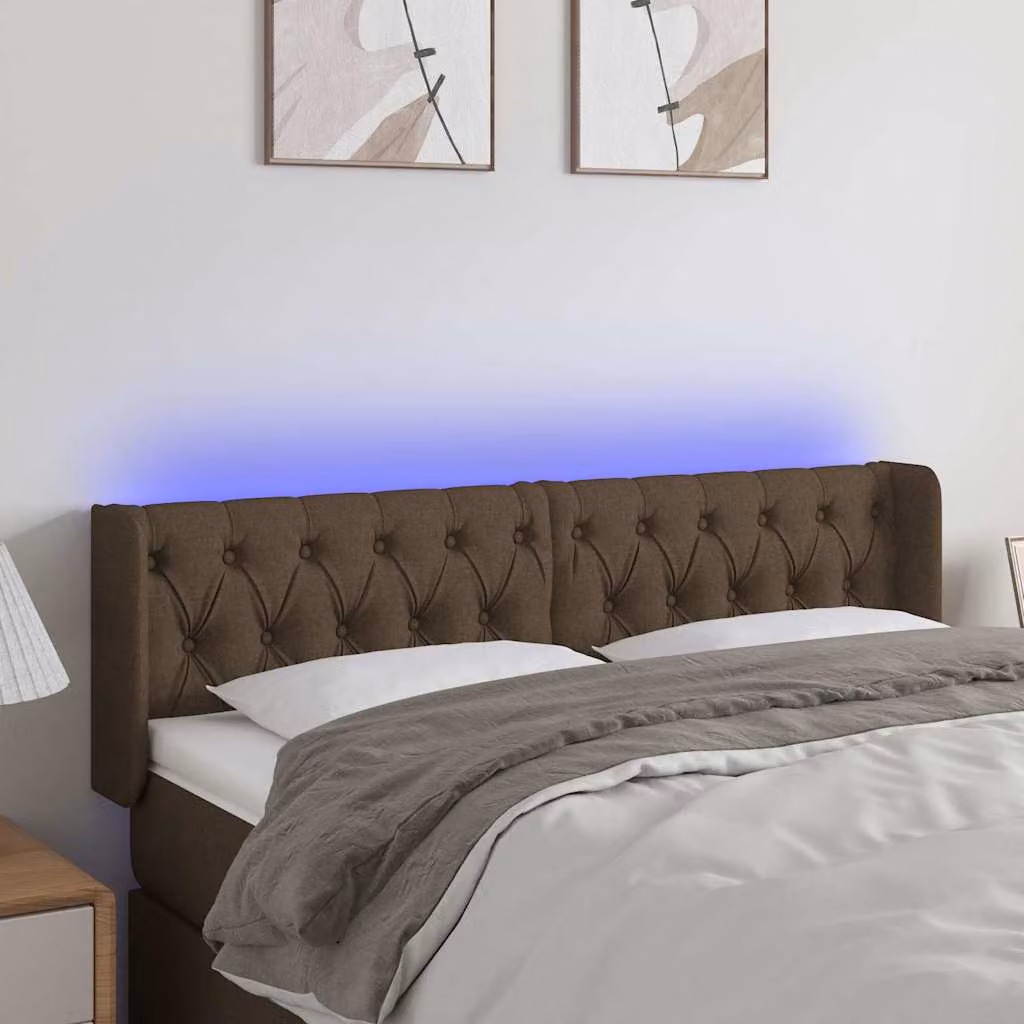 Testiera per letto vidaXL in tessuto marrone scuro con illuminazione LED integrata e porta di ricarica USB, L: 147 cm, P: 16 cm, H: 78-88 cm