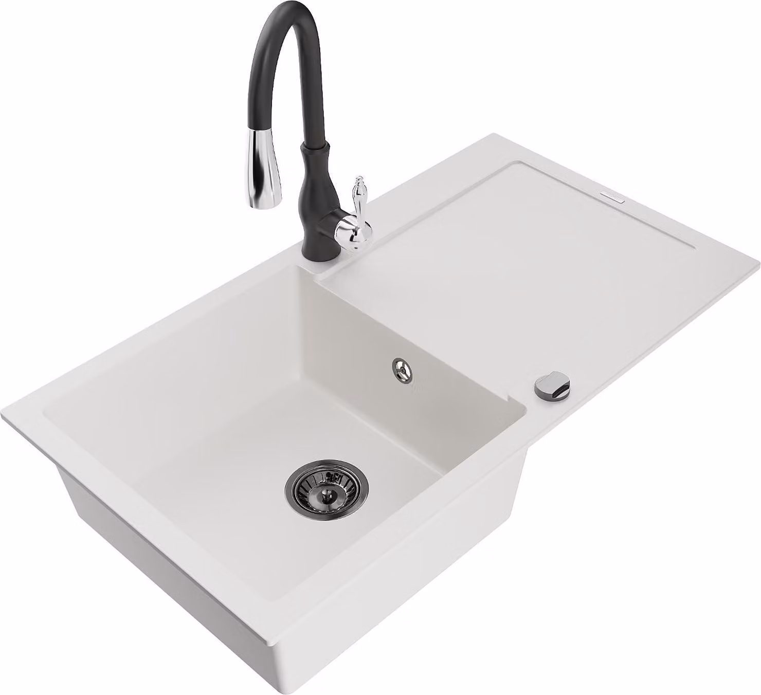 Mexen Leo lavello in granito 1-vasca con sgocciolatoio e rubinetto da cucina Savita, bianco - 6501-20-672601-70