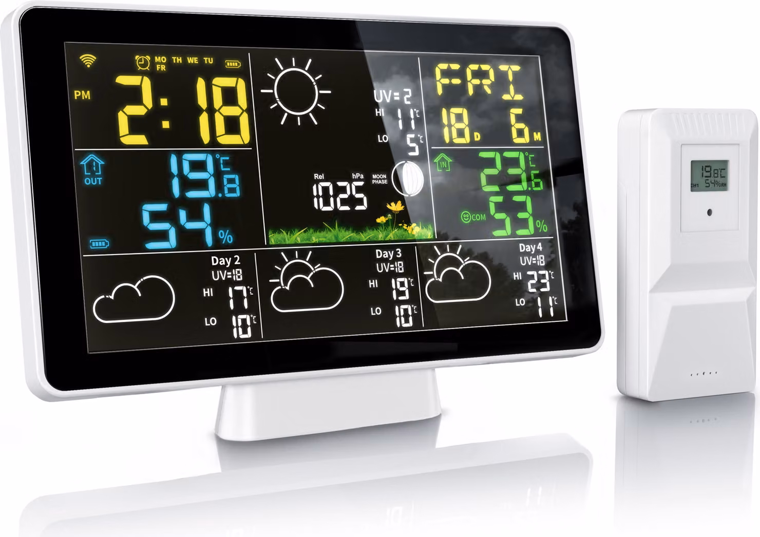 Stazione meteo Brandson, stazione meteo wireless, WIFI / Wlan, con sensore esterno wireless, barometro, umidità, sensore esterno, sveglia, previsioni meteo con app, andamento della temperatura, UV, fasi lunari
