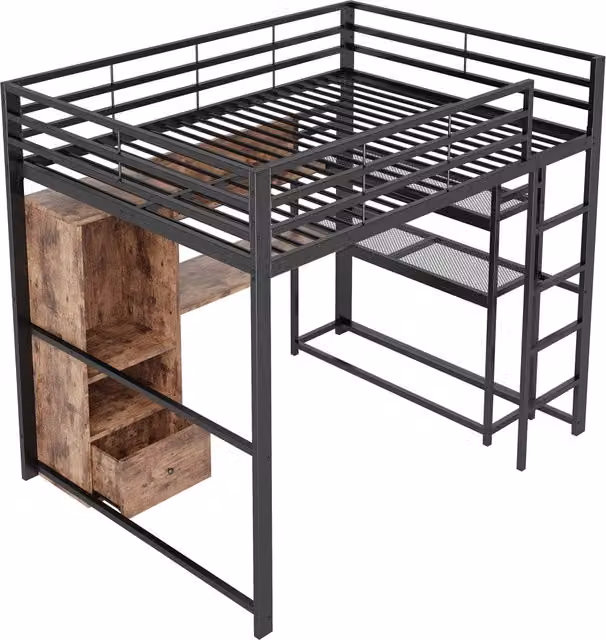 Letto a soppalco singolo moderno con LED, scrivania, cassetto e ripiani, colore nero, L/P/H: 200 x 140 x 203 cm