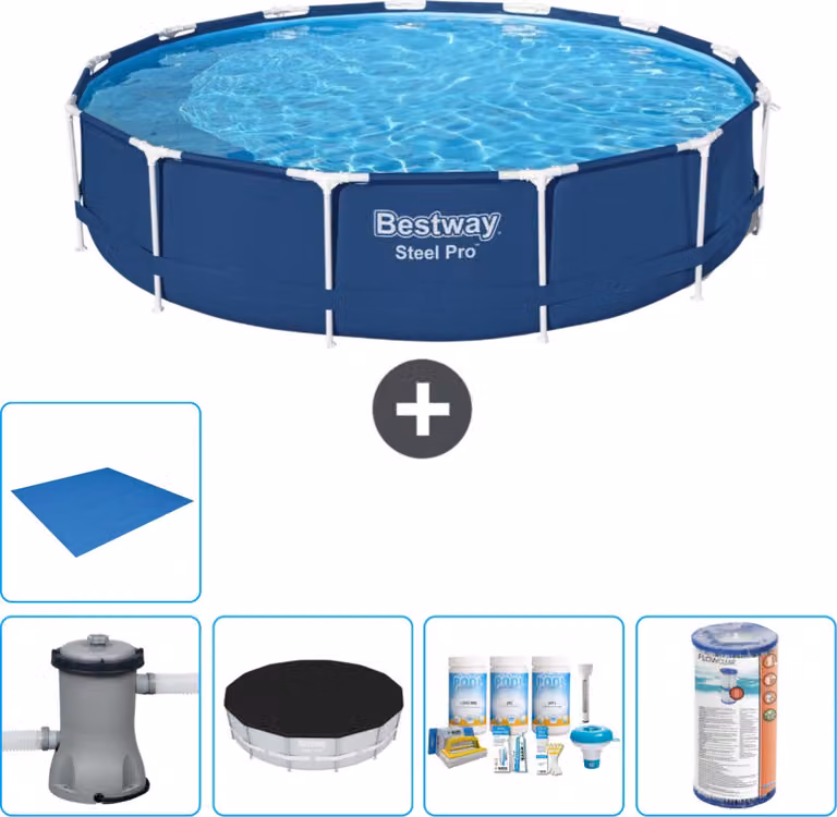 Piscina Bestway Round Steel Pro - 396 x 84 cm - blu - inclusa copertura della pompa - pacchetto manutenzione - filtro - copertura del suolo