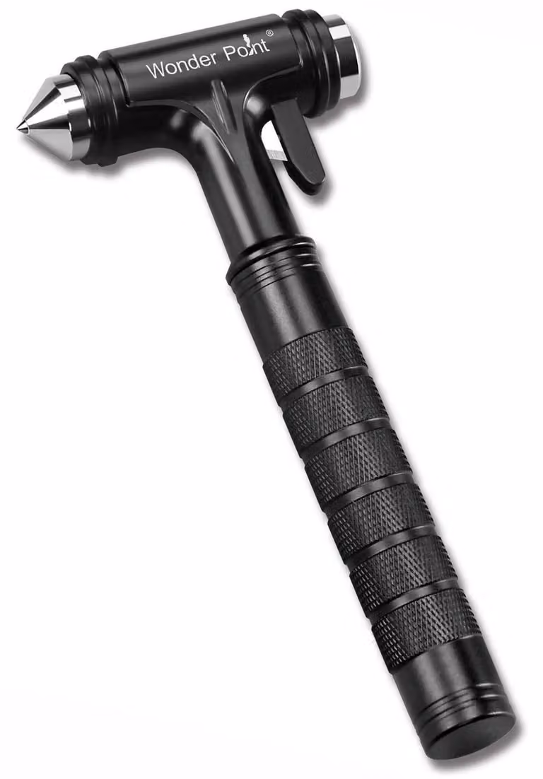 Martello di emergenza auto 3-in-1: taglia cinture di sicurezza, rompe vetri, realizzato in alluminio, colore nero, confezione singola