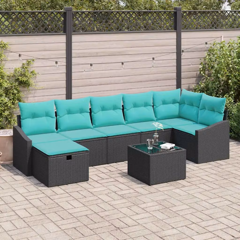 Set di divani da giardino vidaXL a forma di U composto da 8 pezzi in rattan con cuscini color turchese e struttura in metallo nero