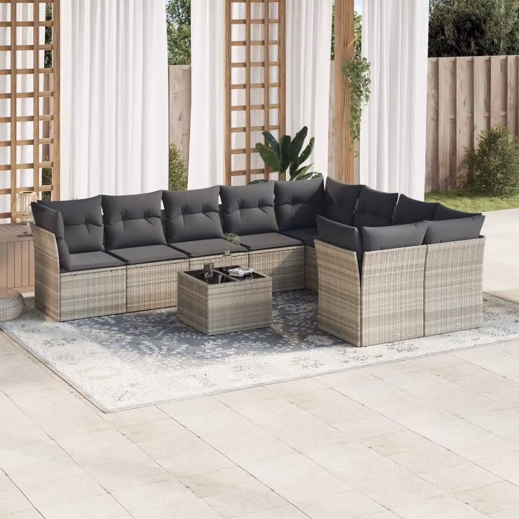vidaXL Set Divano da Giardino 10 Pezzi con Cuscini Grigio con Tavolino e Struttura in Metallo e Polyrattan – 1