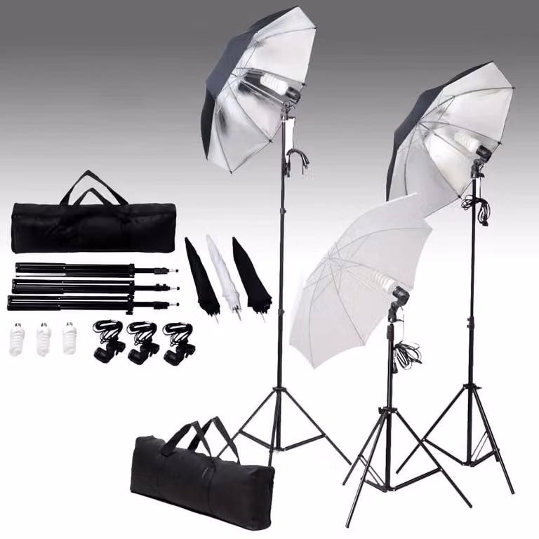 vidaXL Set di Illuminazione da Studio con Ombrelli e Treppiedi in Metallo e Alluminio, Colore Bianco e Argento