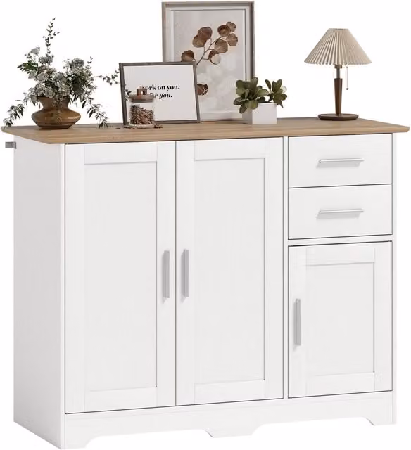 Mobile Credenza Soggiorno Buffet Bicolore Bianco e Legno Naturale con 2 Cassetti 3 Ante e Ripiano Regolabile 100 x 40 x 78 cm