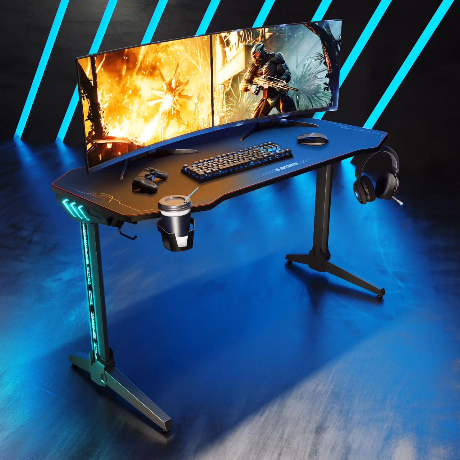 Gamer Desk, scrivania da gioco con illuminazione LED RGB 140 cm scrivania per computer nera illuminazione RGB ergonomica con portabicchieri portacuffie