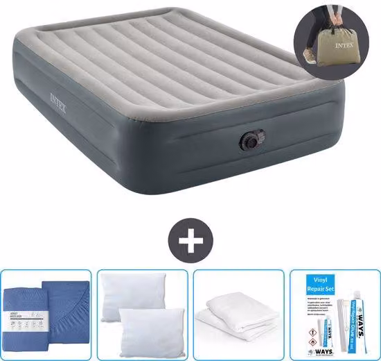 Materasso gonfiabile per 2 persone - 152 x 203 x 46 cm - Grigio - con pompa inclusa - biancheria da letto - cuscino - kit di riparazione e federa