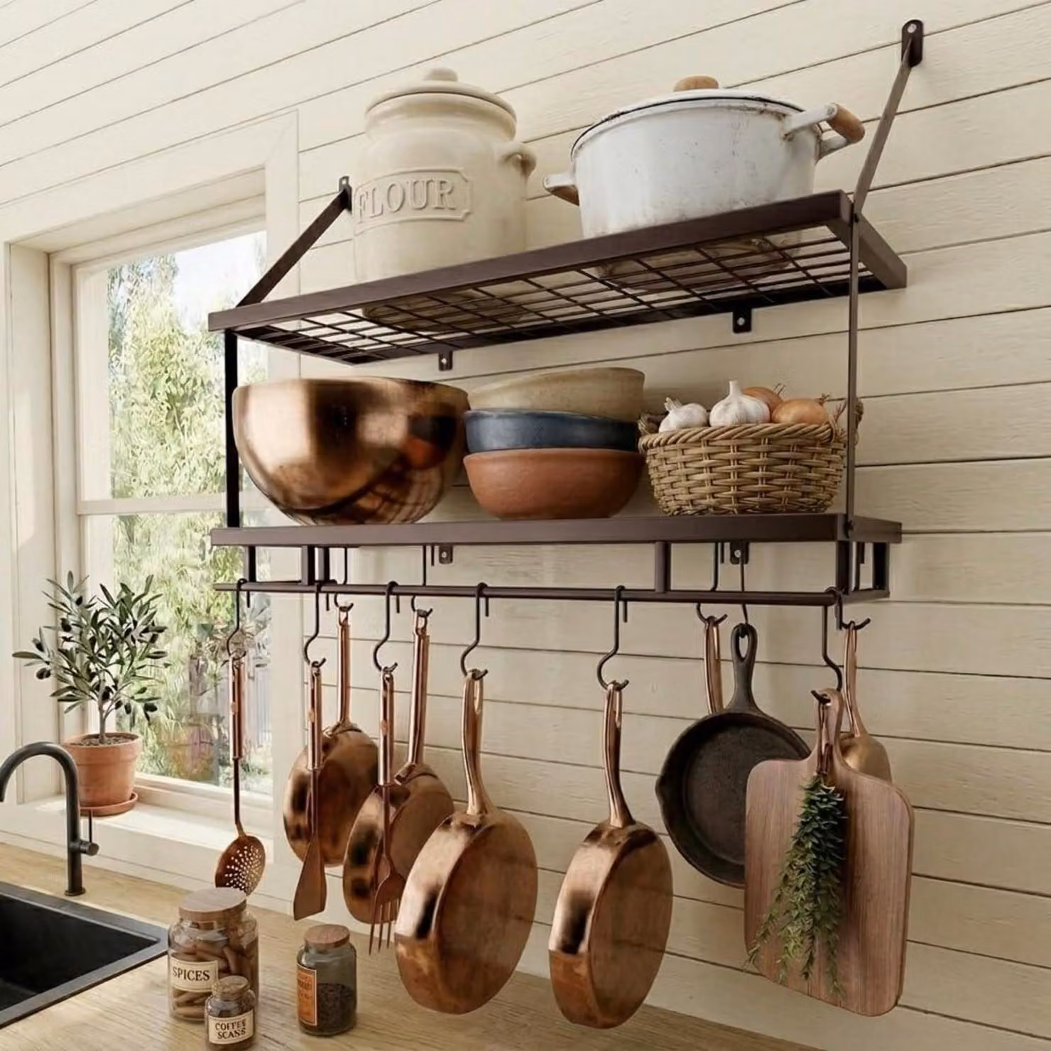 Mensola da cucina con 12 ganci, finitura bronzo, lunghezza 75 cm, da montare a parete