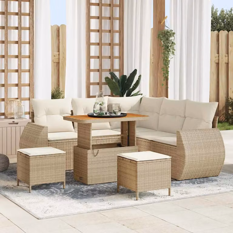 Set Divano da Giardino 8 Pezzi vidaXL Beige con Cuscini e Tavolino in Polyrattan e Acciaio