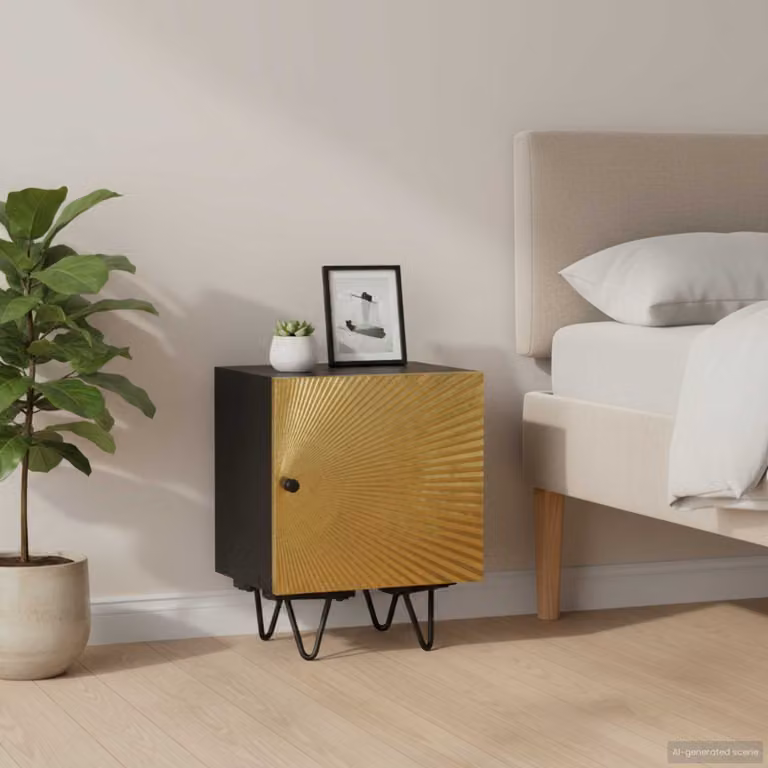 vidaXL Comodino Moderno in Legno di Mango con Frontale in Ottone Oro e Nero L/P/H: 40 x 30 x 50 cm