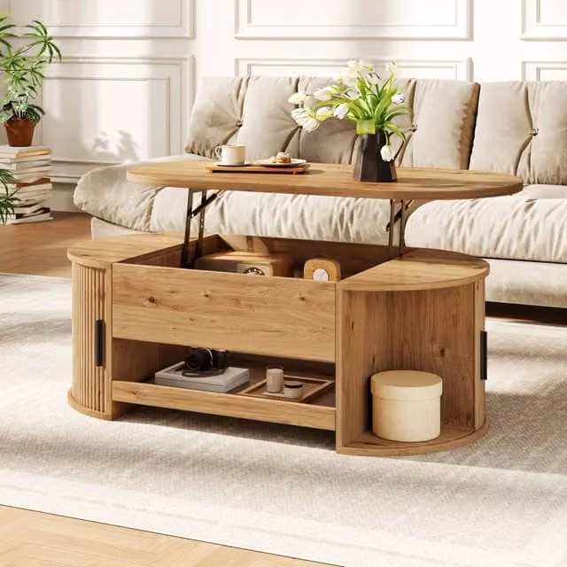 Desviae Tavolino basso sollevabile con vano nascosto ante scorrevoli e piano estraibile in MDF naturale 110 × 55 × 55 cm