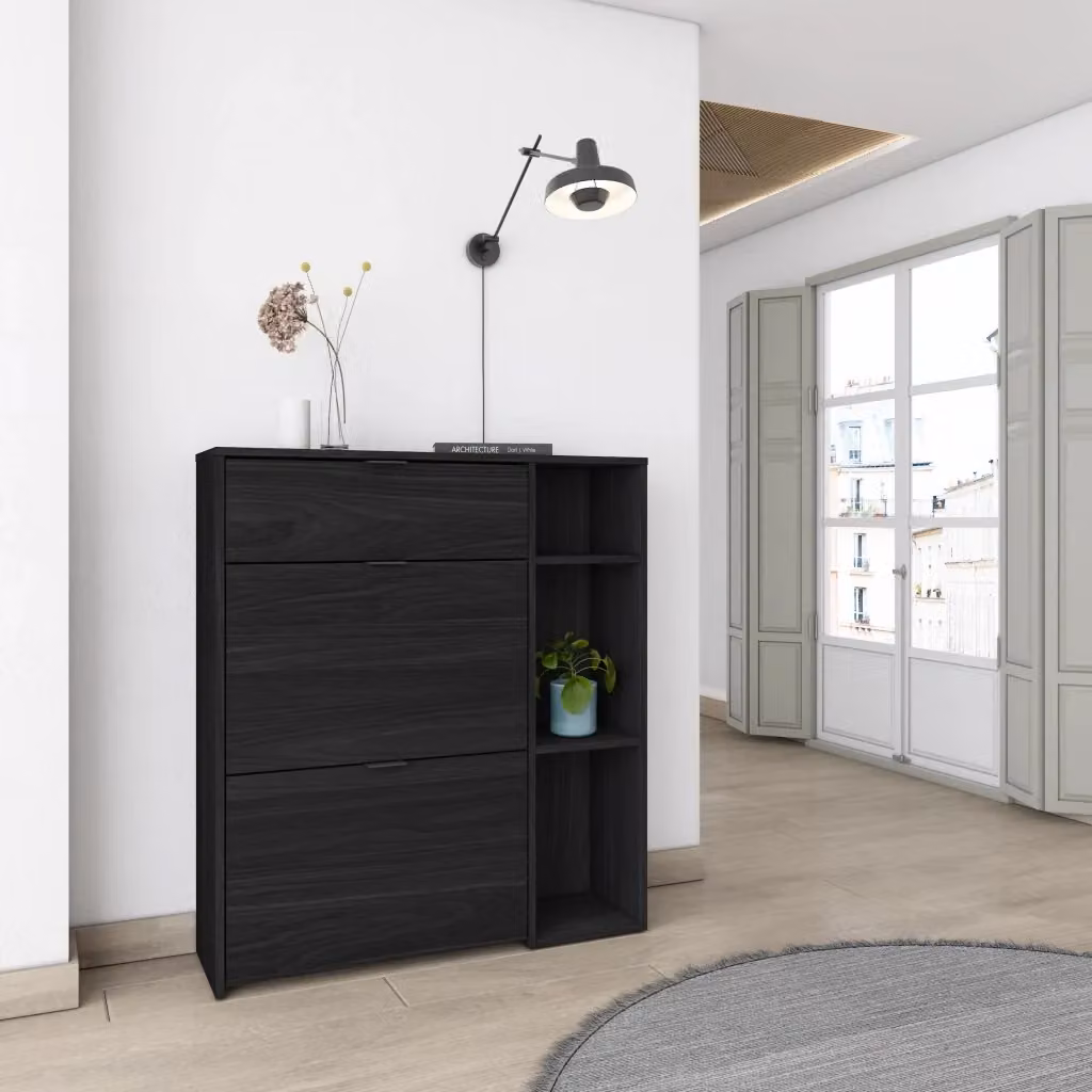 Scarpiera da ingresso Skraut Home, armadio moderno nero con ante a battente e ripiani interni, L: 90 cm, P: 27 cm, H: 102 cm – 2