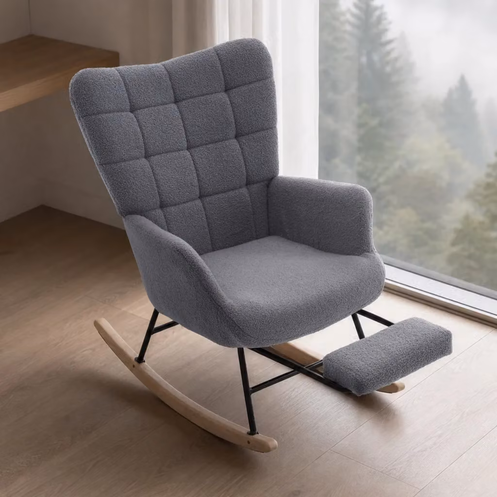 Sedia a dondolo relax Chicfurn grigia con rivestimento in tessuto sherpa e poggiapiedi estensibile – 2
