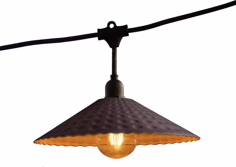 Stringa luminosa da esterno collegabile di 82 m con 200 lampadine a filamento LED E27 VINTY LIGHT bianco caldo e paralume in metallo in stile vintage