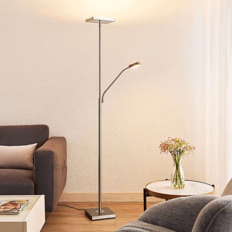 Lampada da terra con luce lettura Sumani Lindby, dimmerabile, Alluminio / Grigio / Zincato, Soggiorno / Sala da pranzo, Metallo, Moderno, Lampada LED da terra