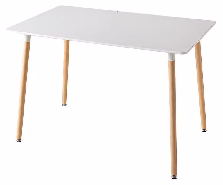 Tavolo da pranzo rettangolare, bianco, struttura in metallo, piano in legno di faggio, dimensioni 110 x 70 x 74 cm