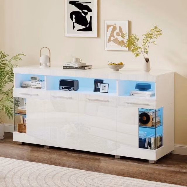 Tavolino da Salotto ¨C MINIMAL ¨C Vetro Temperato, Bianco Lucido, LED, 140x40x70 cm