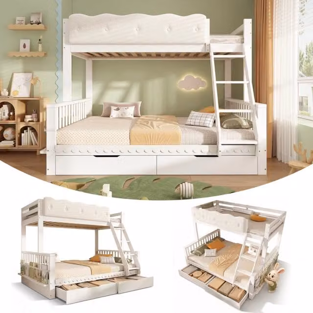 Letto a castello per bambini 90x200/140x200 cm in legno con sponde a nuvola, cassetti e portariviste, EN 747:2024, Bianco (senza materasso)