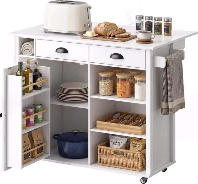 Mobile Cucina con Ruote e Anta a Ribalta ¨C zephmum ¨C Bianco 117.5x70x91 cm