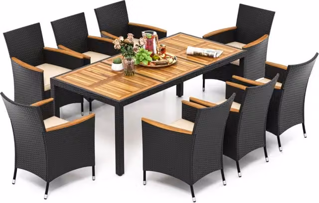 Set da pranzo da esterno 9 pezzi con tavolo rettangolare in legno di acacia nero e sedie in polyrattan per giardino e terrazza – 1