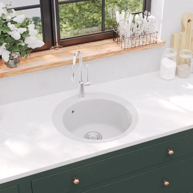 Lavello da cucina in granito con vasca singola tonda bianco vidaXL L/P/H: 50,5 x 50,5 x 29 cm – 1