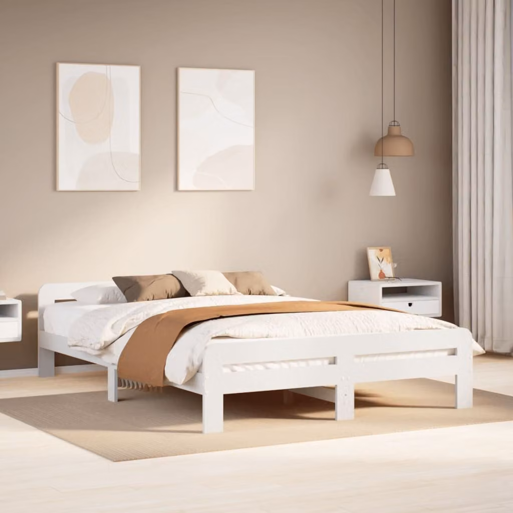 Letto senza materasso vidaXL in legno massello di pino bianco con doghe piatte fisse L/P/H: 203.5 x 140 x 144 cm