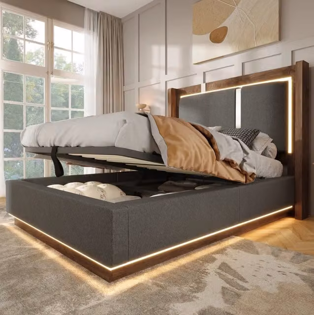 Letto singolo 90x200 cm con struttura in lino grigio e legno di noce, LED integrati e vano contenitore con sistema idraulico, senza materasso