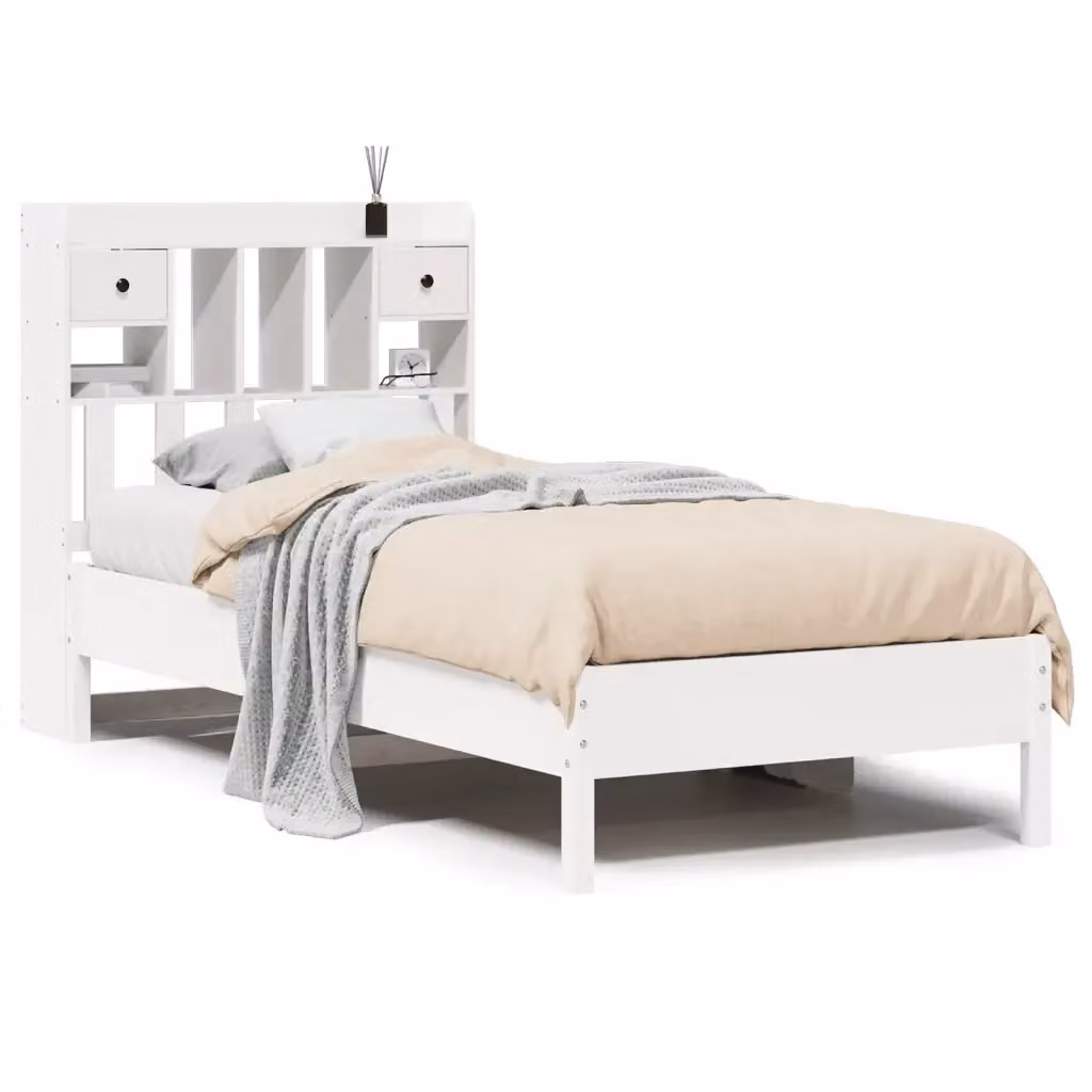 Letto con Libreria e Cassetti vidaXL in Legno di Pino Massello Bianco 90x190 cm – 2