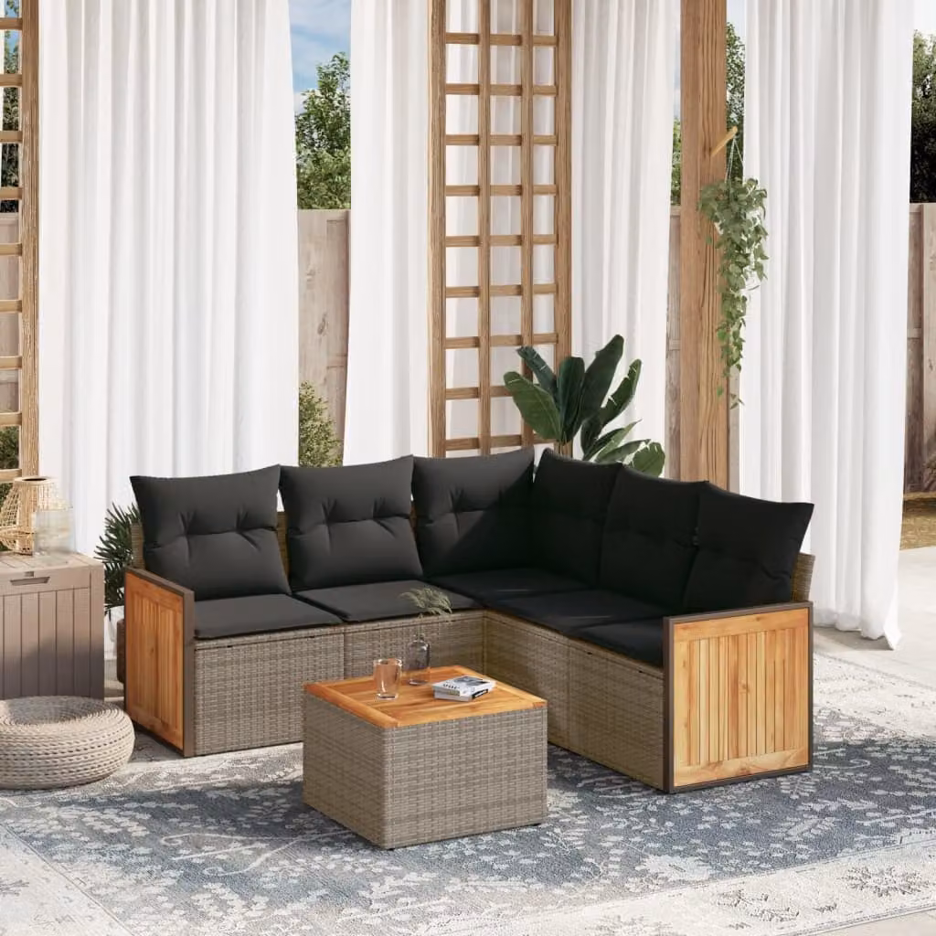 vidaXL Set Divano da Giardino 6 pz a L in Polyrattan Grigio con Cuscini e Tavolino – 1