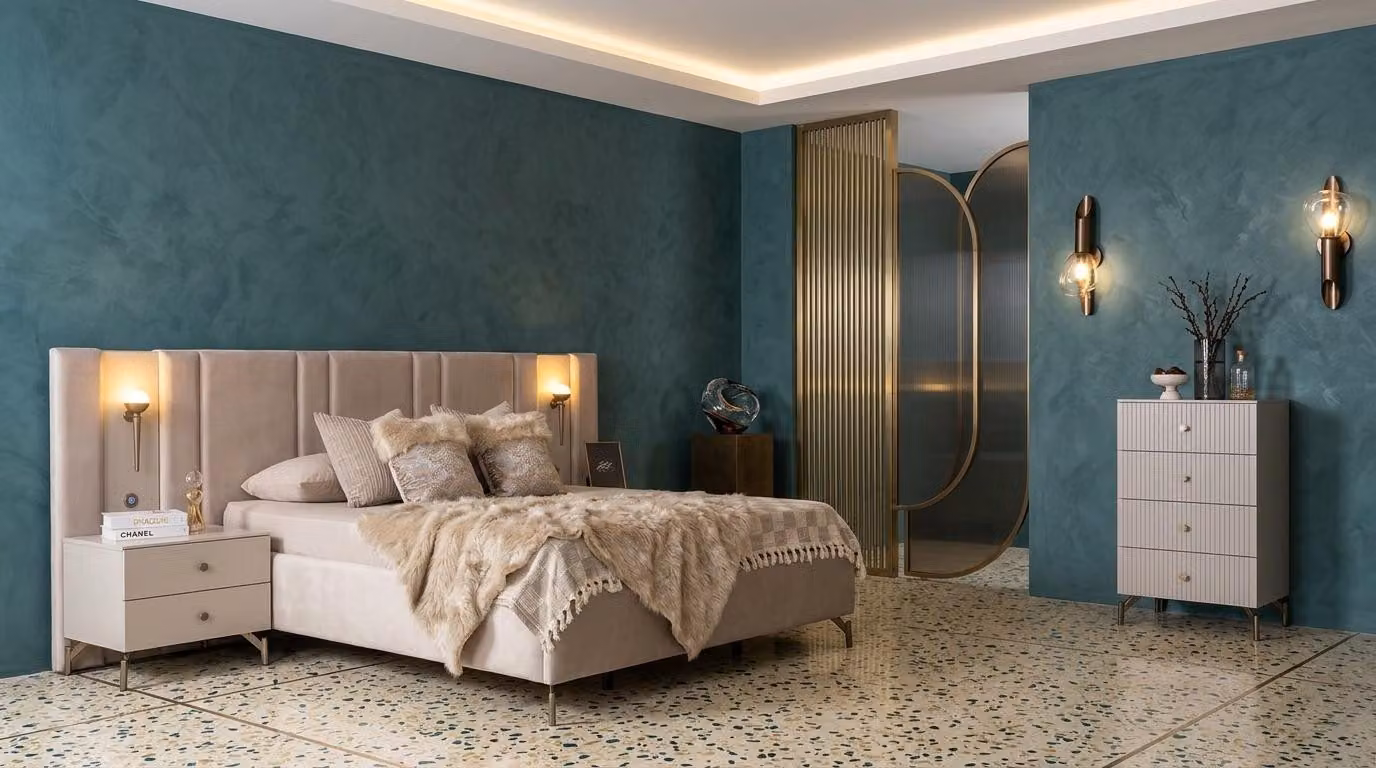 Bett con 2 comodini e cassettiera, stile moderno, colore grigio, design confortevole