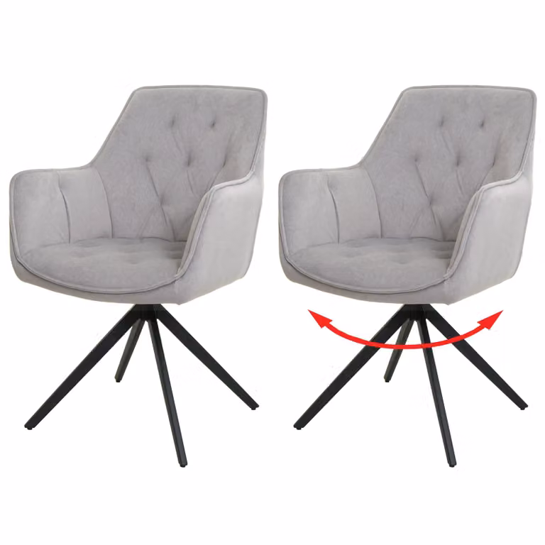 set di 2 sedie per sala da pranzo HWC-L80, sedia da cucina sedia imbottita con braccioli, girevole, metallo tessuto/tessuto ~ grigio chiaro
