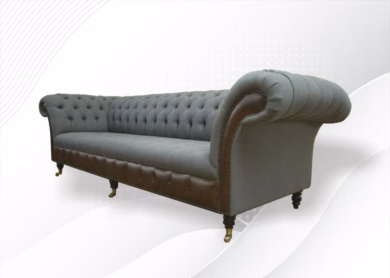 Chesterfield 4 Sitzer Grau Stoff Wohnzimmer Design Polster Sofa Big Textil Möbel