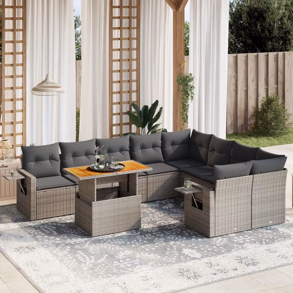 Set Divano da Giardino vidaXL 10 pz in Polyrattan Grigio con Cuscini e Tavolino – 1