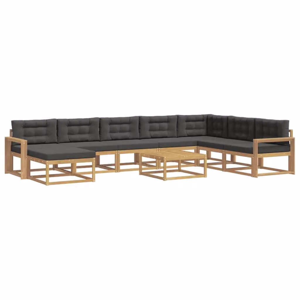 Set di divani da esterno a forma di U vidaXL in legno di acacia con cuscini, tavolino e pouf, Bianco e Antracite – 2