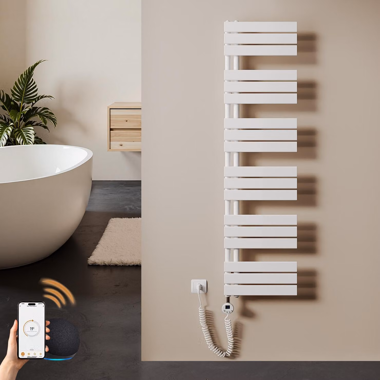 S'AFIELINA 1599x400mm Scaldasalviette elettrico bagno WiFi, termoarredo con termostato, programmabile, LCD, 800 W, asciugamani a basso consumo, bianco