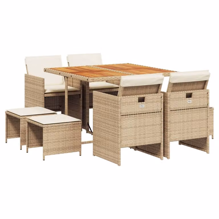 Set da Pranzo da Giardino 9 pz con Cuscini Beige in Polyrattan