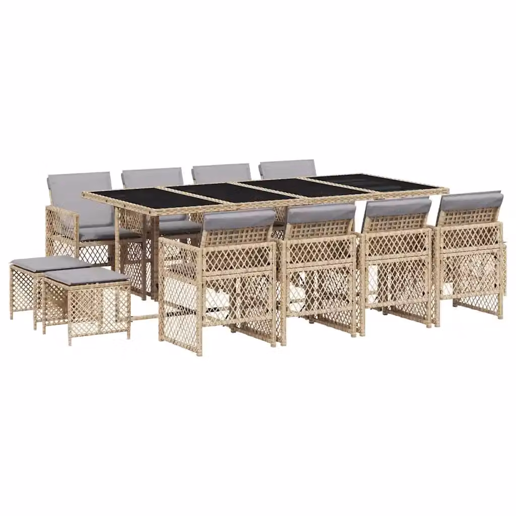 vidaXL Set da Pranzo da Giardino 13 pz in Polyrattan con Cuscini Beige e Grigio e Tavolo in Vetro – 2