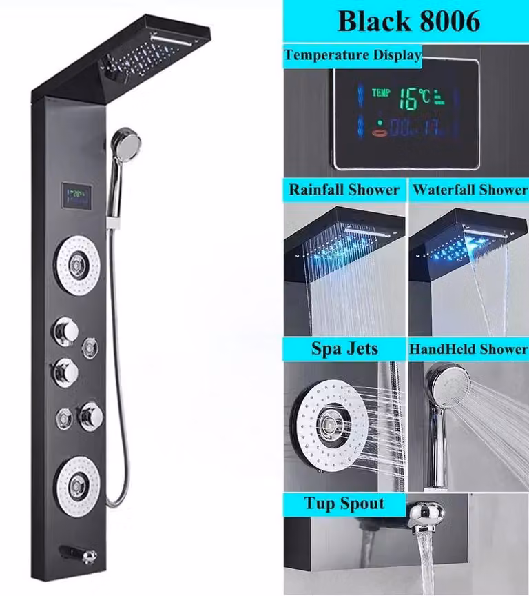 Pannello doccia - Colonna doccia 8006 - Doccia a pioggia e cascata - Display a LED - Getti massaggianti per il corpo - Acciaio inossidabile 304 - Asta doccia - Nichel spazzolato