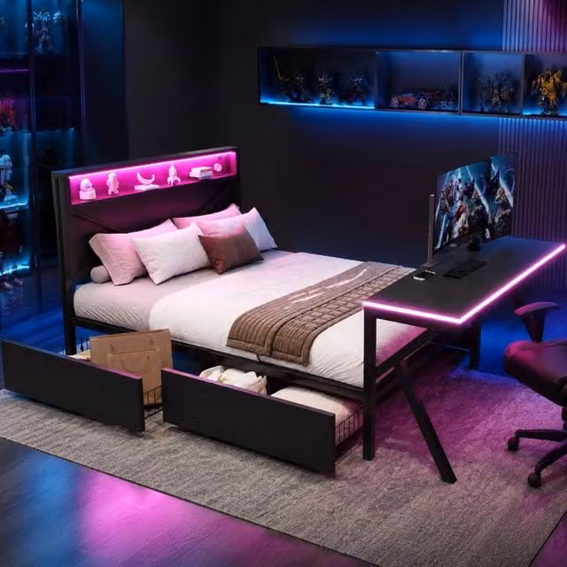 Letto piattaforma gaming 140x200 cm in metallo con testiera a LED, scrivania illuminata e due cassetti, nero