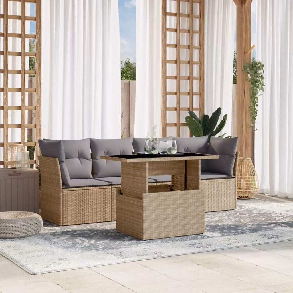 vidaXL Set Divano da Giardino a L con Tavolino e Cuscini Beige in Polyrattan e Acciaio – 1
