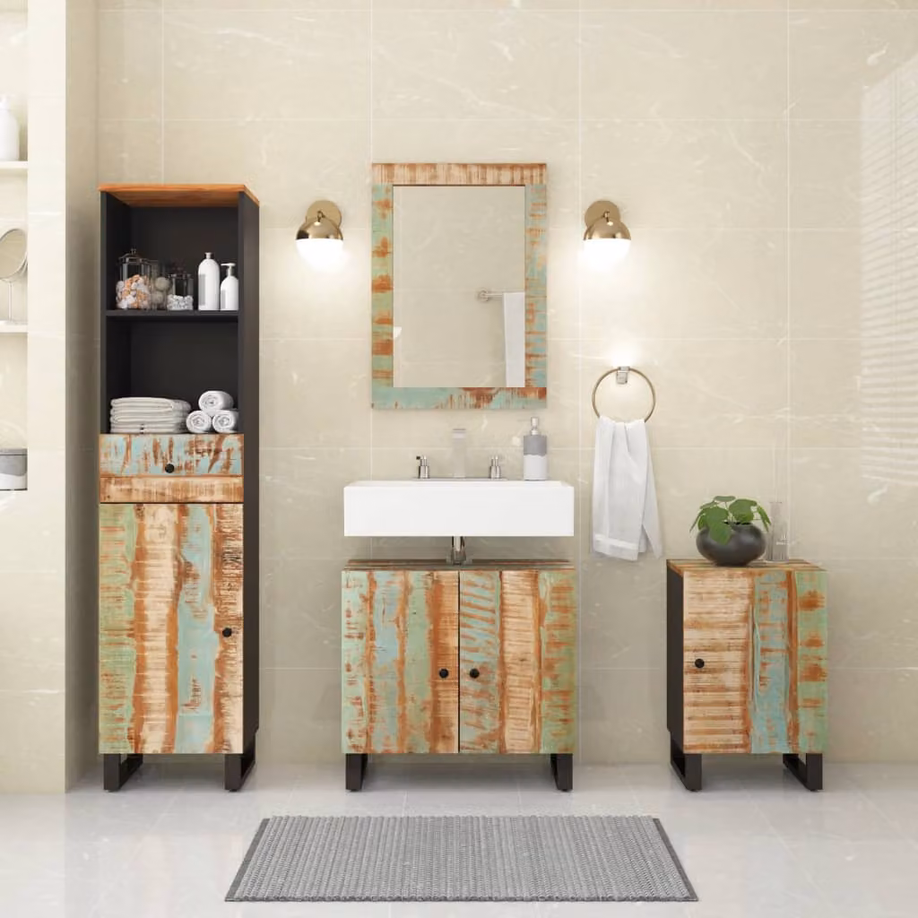 Set di mobili da bagno vidaXL in legno massello di recupero marrone, composto da 4 pezzi con base lavabo, armadio alto, mobile laterale e armadietto con specchio in stile rustico