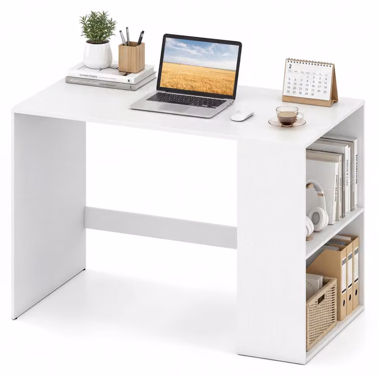 Scrivania COSTWAY con vano portaoggetti, scrivania per computer con 2 mensole laterali aperte, scrivania da ufficio con ampio piano di lavoro, scrivania per PC salvaspazio, 112x60x75 cm